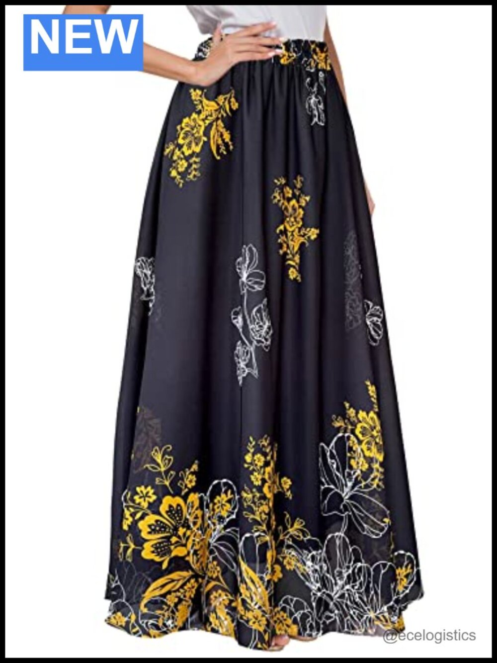 Chiffon Floral High Waisted Maxi Skirt Pleated Loose Fit Beach Summer